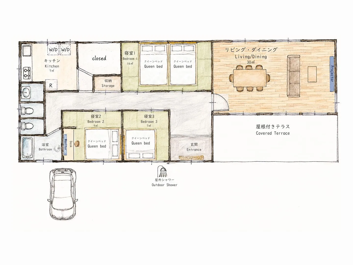 階段のない平屋の間取り図。寝室3室+リビングで最大10名。トイレ2ヶ所・洗面2台で、朝の順番待ちもありません。