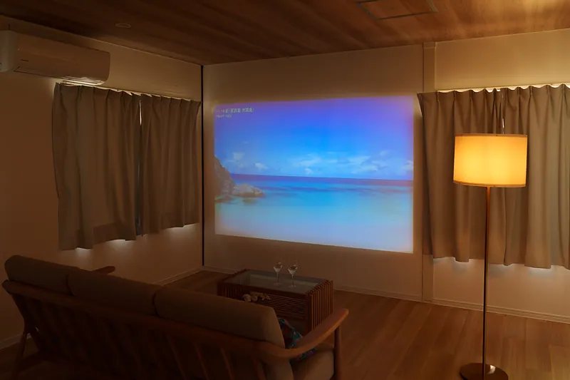 夜はプロジェクターの110インチ大画面で。NetflixやYouTubeが楽しめます
